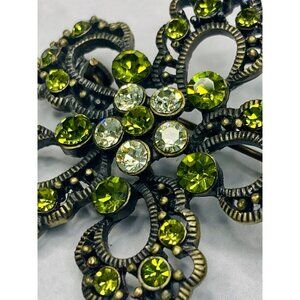 Vintage-Inspired Antique Gold Flower Brooch Green Rhinestones -322